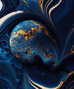 Blue and Gold Abstract Swirls Printed Art