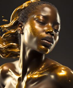 Hyperrealism Black Model with Gold Liquid Flowing art piece