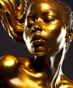 Hyperrealism Black Model with Gold Liquid Flowing art piece