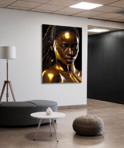 Hyperrealism Black Model with Gold Liquid Flowing art piece