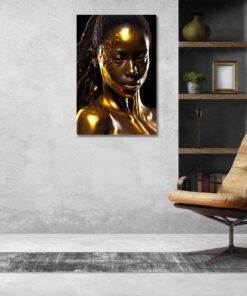 Hyperrealism Black Model with Gold Liquid Flowing art piece