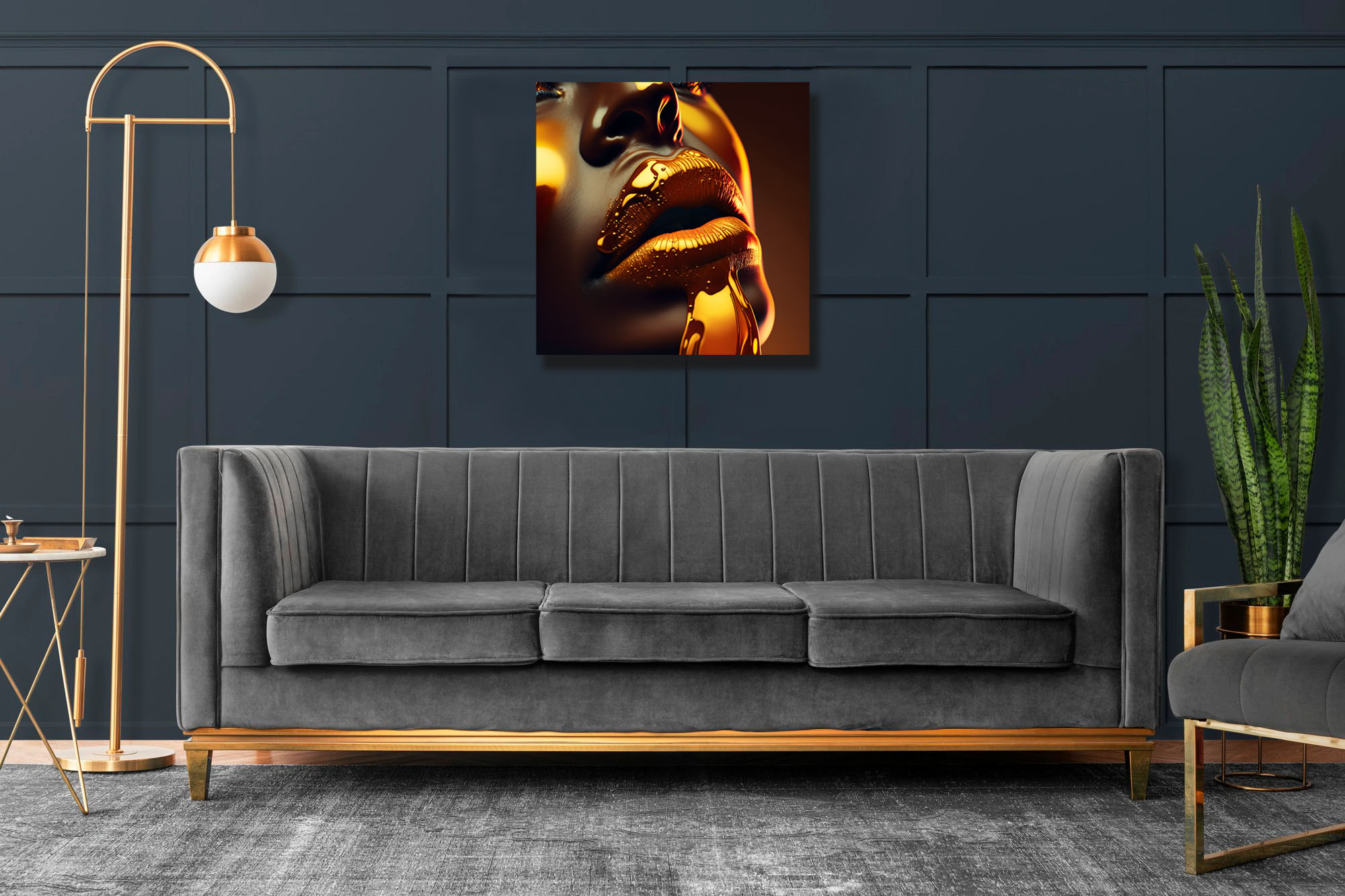 Hyperrealism Black Model with Gold Liquid Flowing art piece