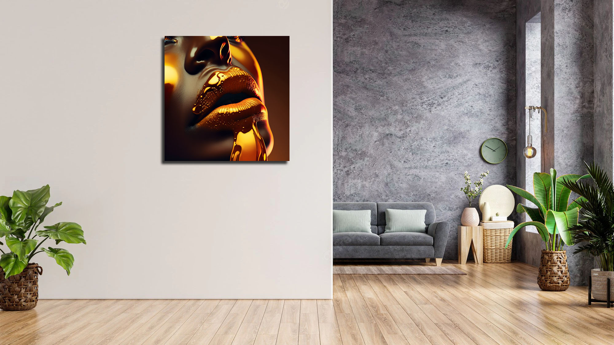 Hyperrealism Black Model with Gold Liquid Flowing art piece