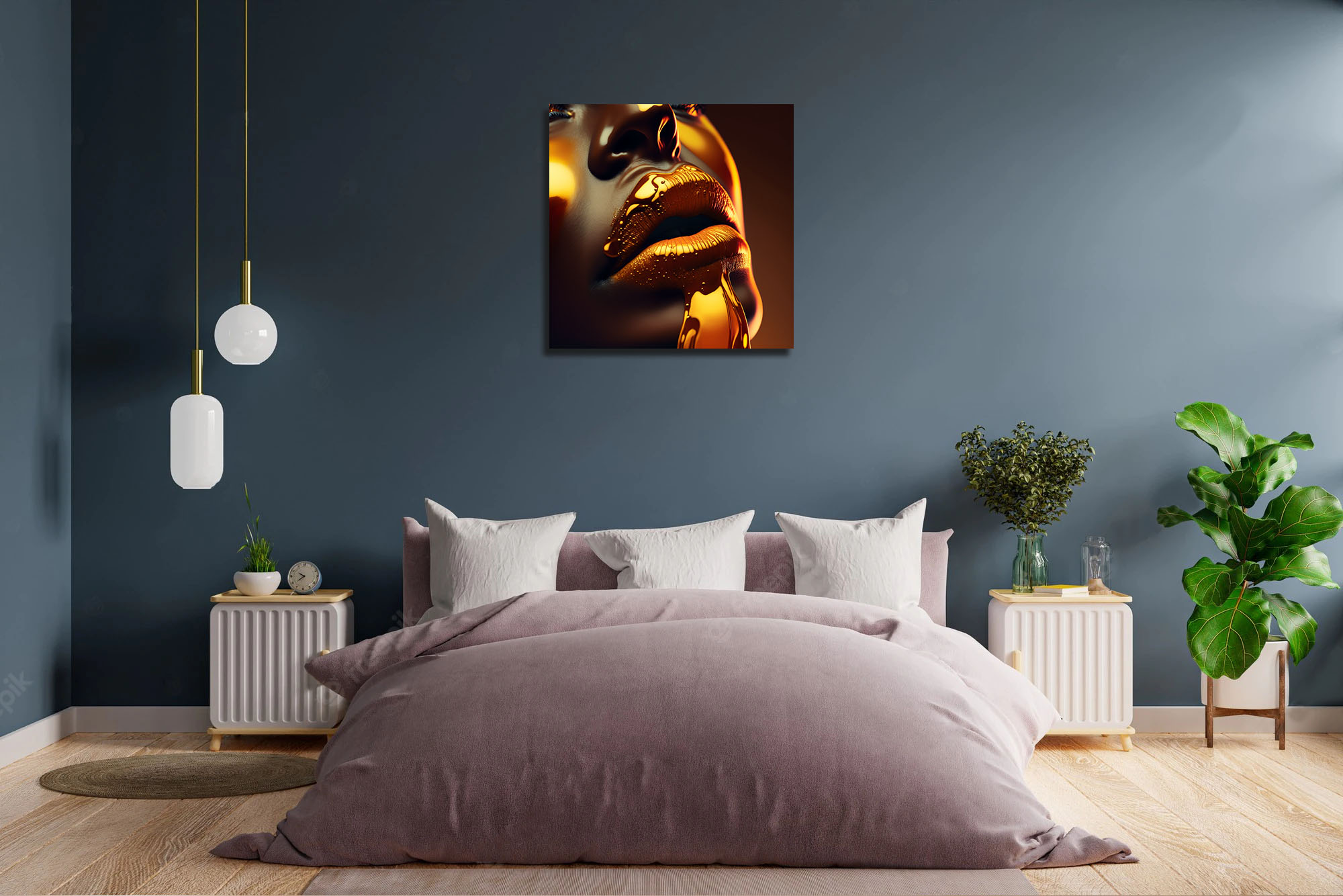 Hyperrealism Black Model with Gold Liquid Flowing art piece