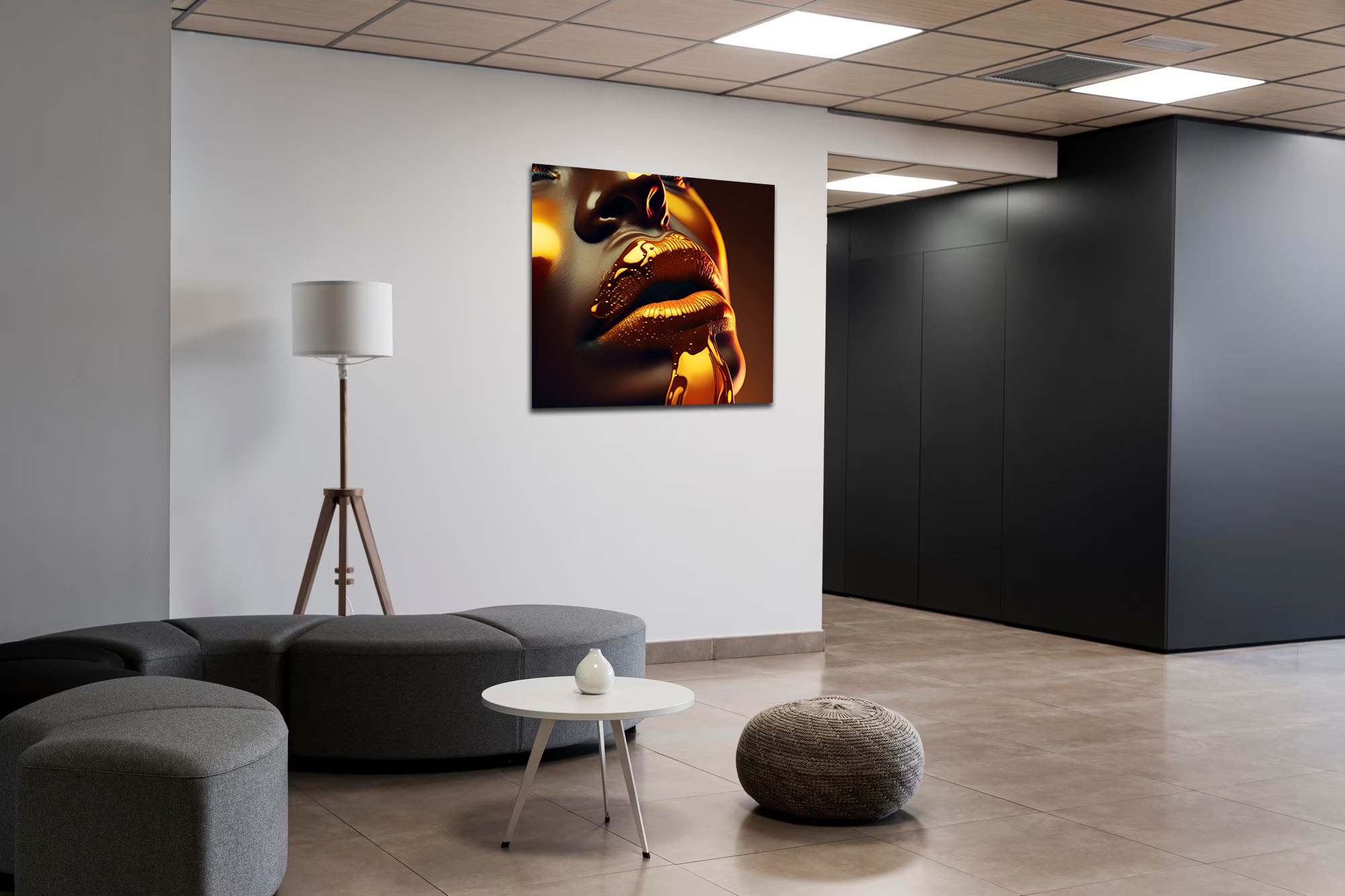 Hyperrealism Black Model with Gold Liquid Flowing art piece