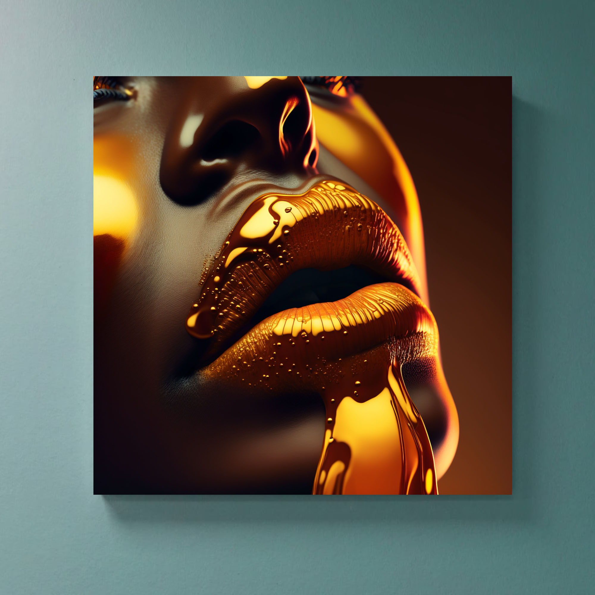 Hyperrealism Black Model with Gold Liquid Flowing art piece