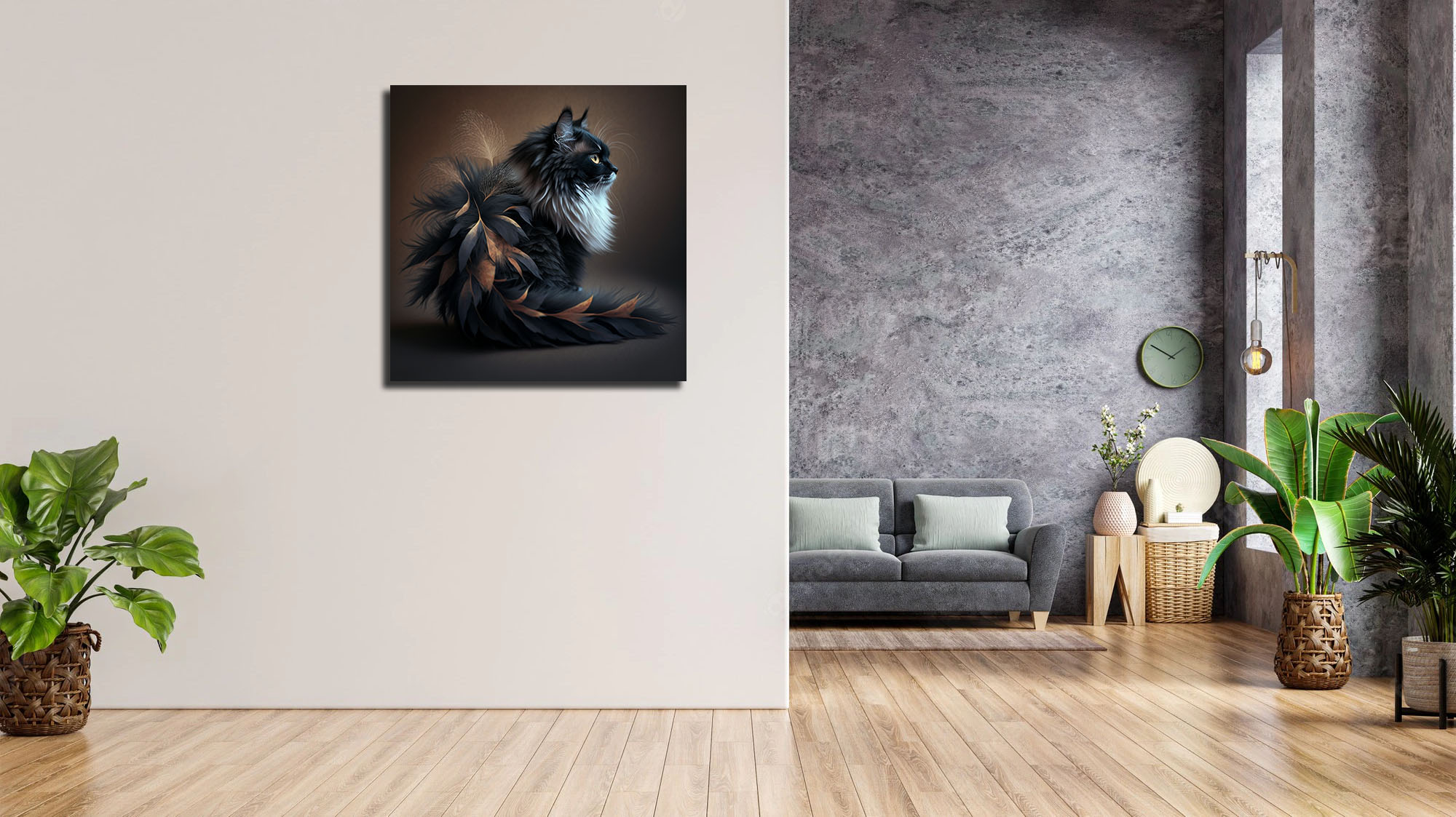 black and white cat made from feathers art piece