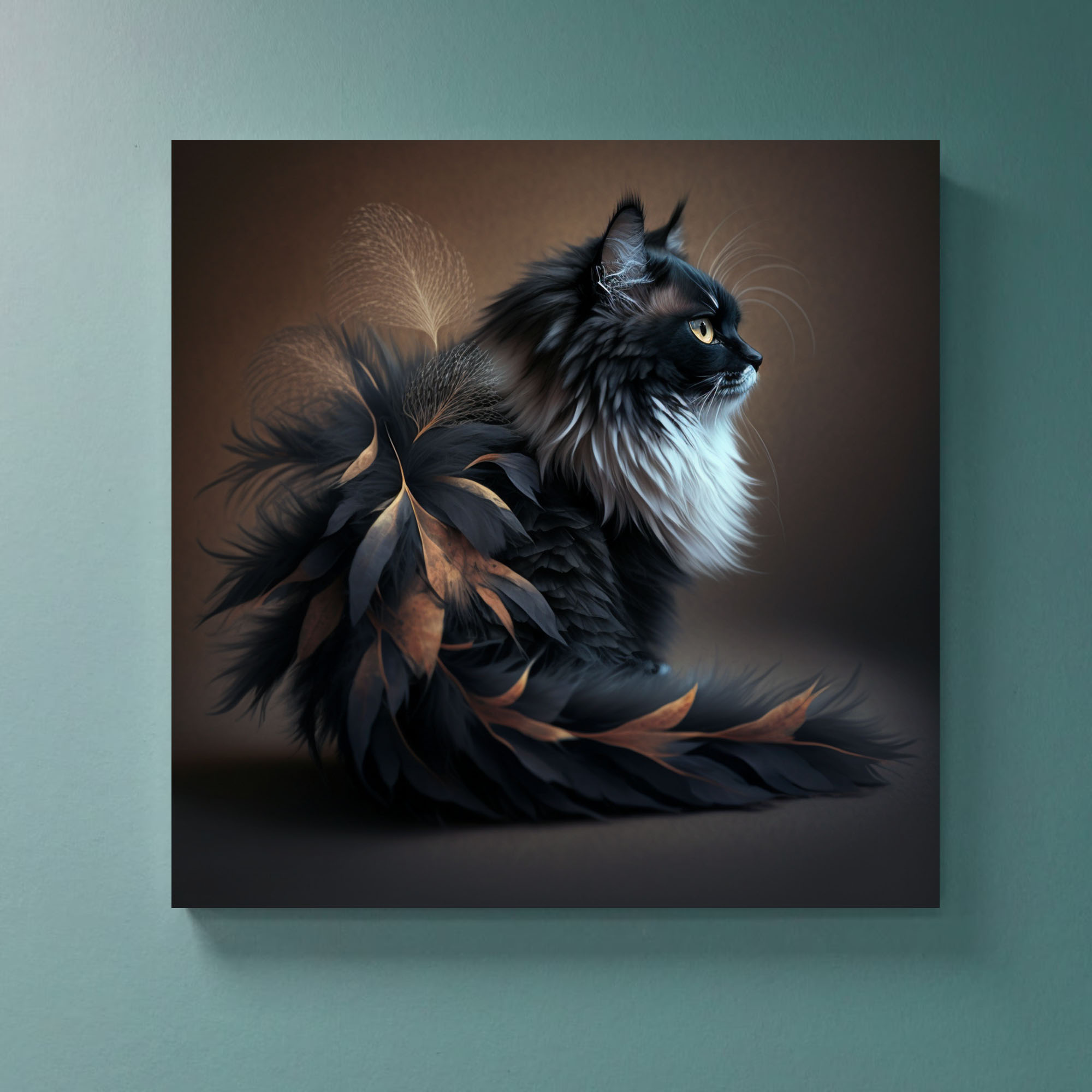 black and white cat made from feathers art piece