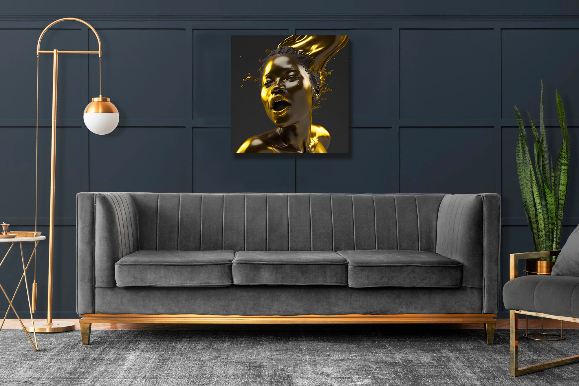 Hyperrealism Black Model with Gold Liquid Flowing art piece