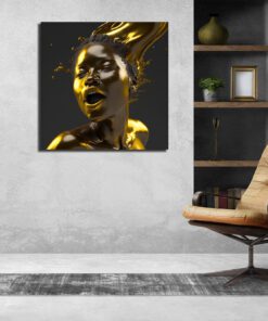 Hyperrealism Black Model with Gold Liquid Flowing art piece