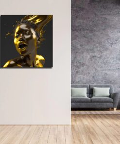 Hyperrealism Black Model with Gold Liquid Flowing art piece