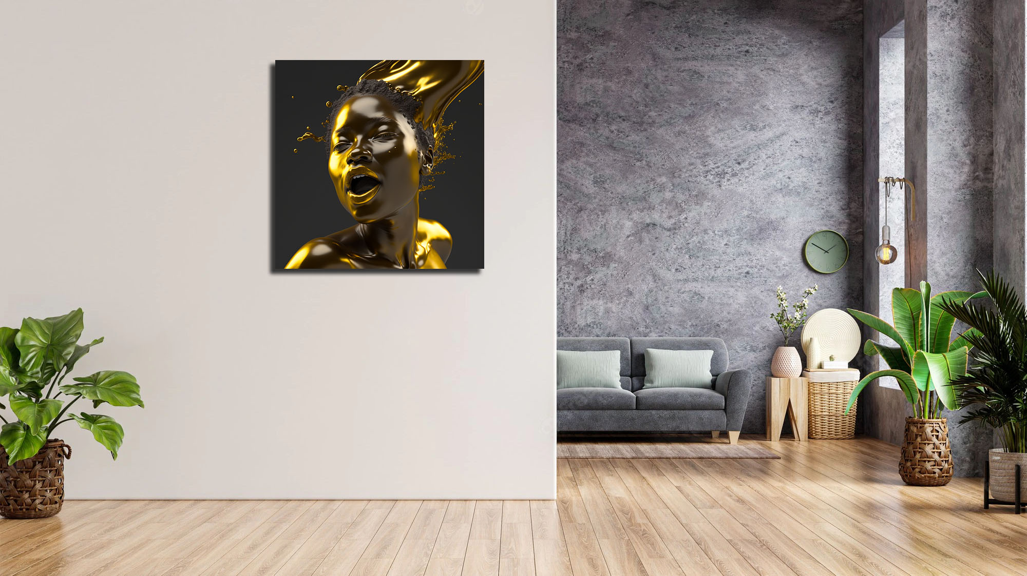 Hyperrealism Black Model with Gold Liquid Flowing art piece