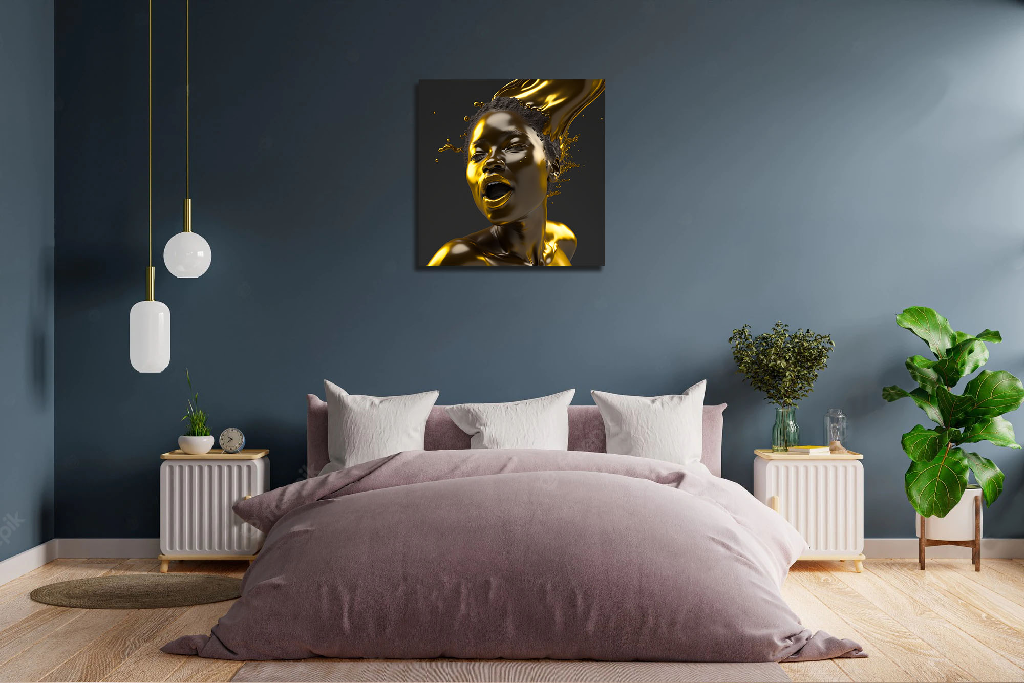 Hyperrealism Black Model with Gold Liquid Flowing art piece