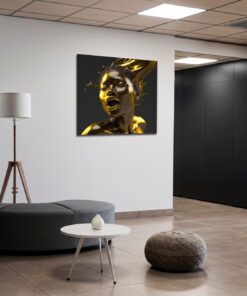 Hyperrealism Black Model with Gold Liquid Flowing art piece