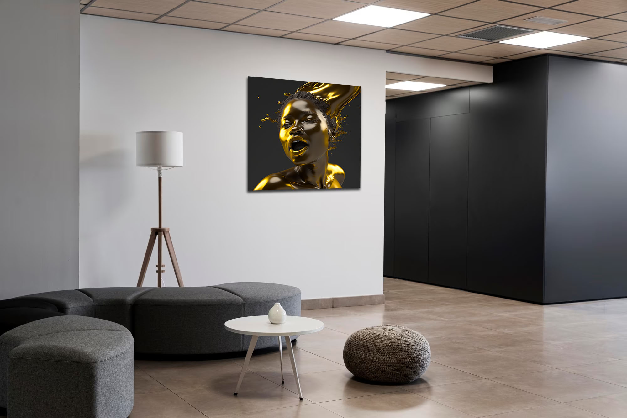 Hyperrealism Black Model with Gold Liquid Flowing art piece