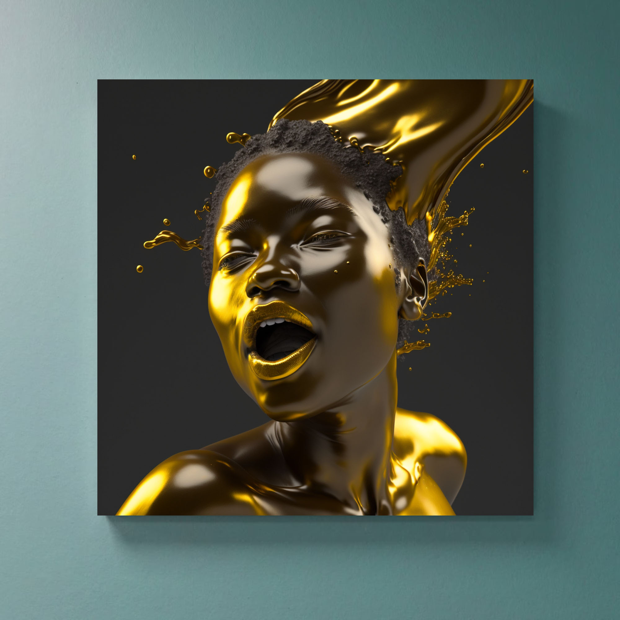 Hyperrealism Black Model with Gold Liquid Flowing art piece