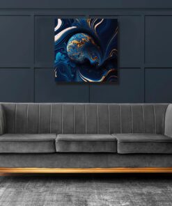 Blue and Gold Abstract Swirls Printed Art