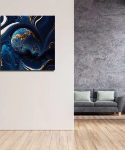 Blue and Gold Abstract Swirls Printed Art
