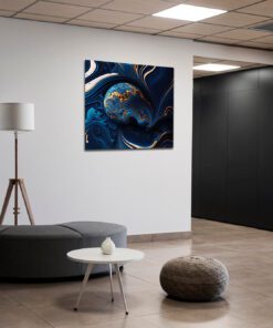 Blue and Gold Abstract Swirls Printed Art
