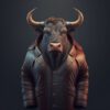 Hyperrealism Bull Wearing a Brown Leather Coat on a dark Background Printed Canvas Art