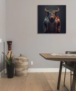 Hyperrealism Bull Wearing a Brown Leather Coat on a dark Background Printed Canvas Art
