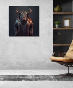 Hyperrealism Bull Wearing a Brown Leather Coat on a dark Background Printed Canvas Art
