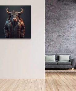 Hyperrealism Bull Wearing a Brown Leather Coat on a dark Background Printed Canvas Art