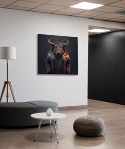 Hyperrealism Bull Wearing a Brown Leather Coat on a dark Background Printed Canvas Art