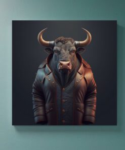 Hyperrealism Bull Wearing a Brown Leather Coat on a dark Background Printed Canvas Art