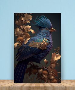 hyper detailed blue bird and gold foliage art piece