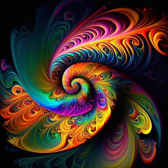 Vibrant, abstract, multi-coloured spiral art piece.