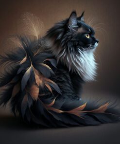 black and white cat made from feathers art piece