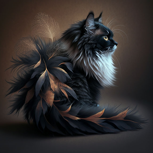 black and white cat made from feathers art piece