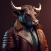 hyperrealism bull wearing a leather coat