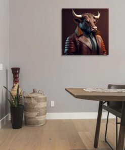 hyperrealism bull wearing a leather coat