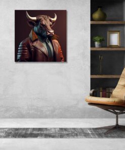 hyperrealism bull wearing a leather coat