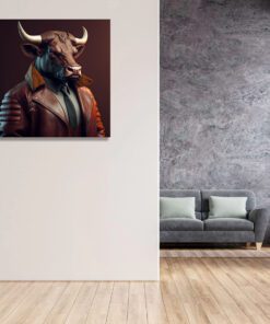 hyperrealism bull wearing a leather coat