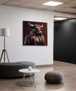 hyperrealism bull wearing a leather coat