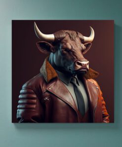 hyperrealism bull wearing a leather coat